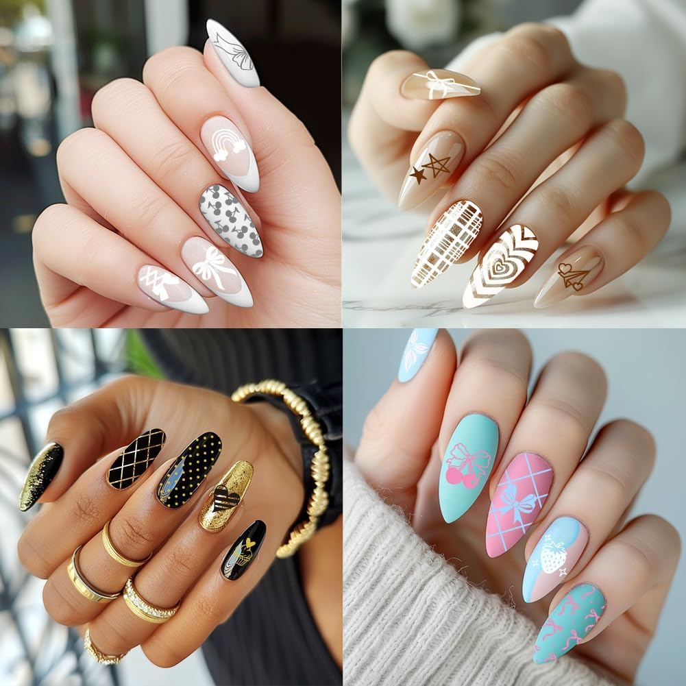 3Pcs Bow Nail Stamping Plate Set Girly Elements Romantic Heart Shape Stainless Steel Nail Stamp Templates Clear Silicone Nails Stamping with Stamper Scraper for Manicure Printing