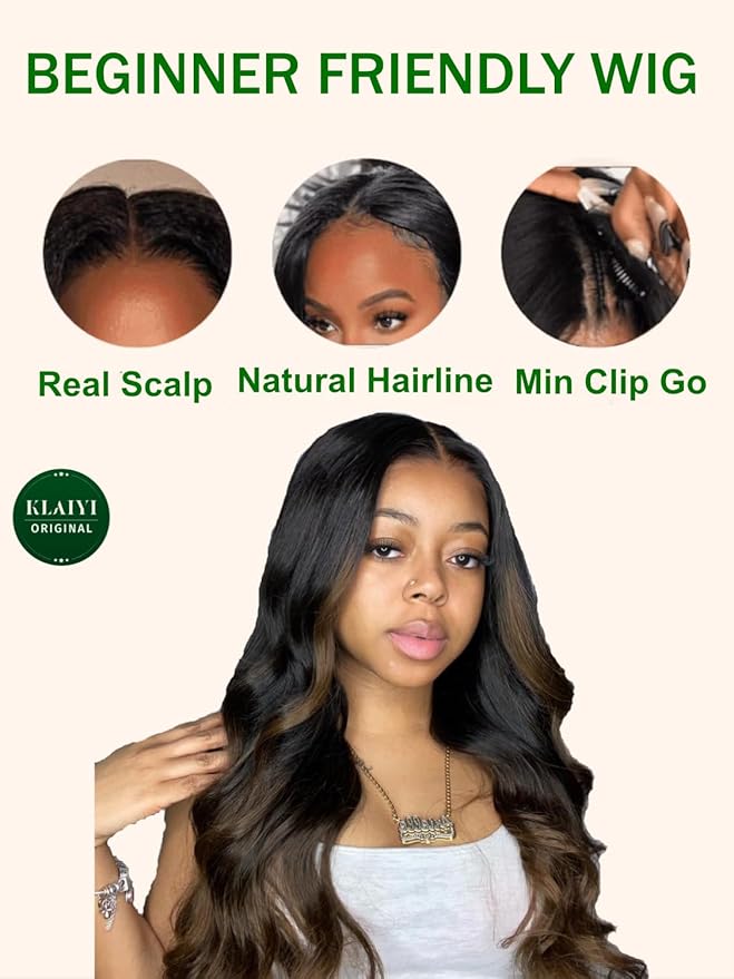 KLAIYI Ombre Brown V Part Body Wave Human Hair Upgrade U Part Wig with Dark Roots Glueless Chestnut Brown Clip in Half Wig No Glue No Leave Out Beginner Wigs for Women Ready To Wear and Go 150% 26Inch