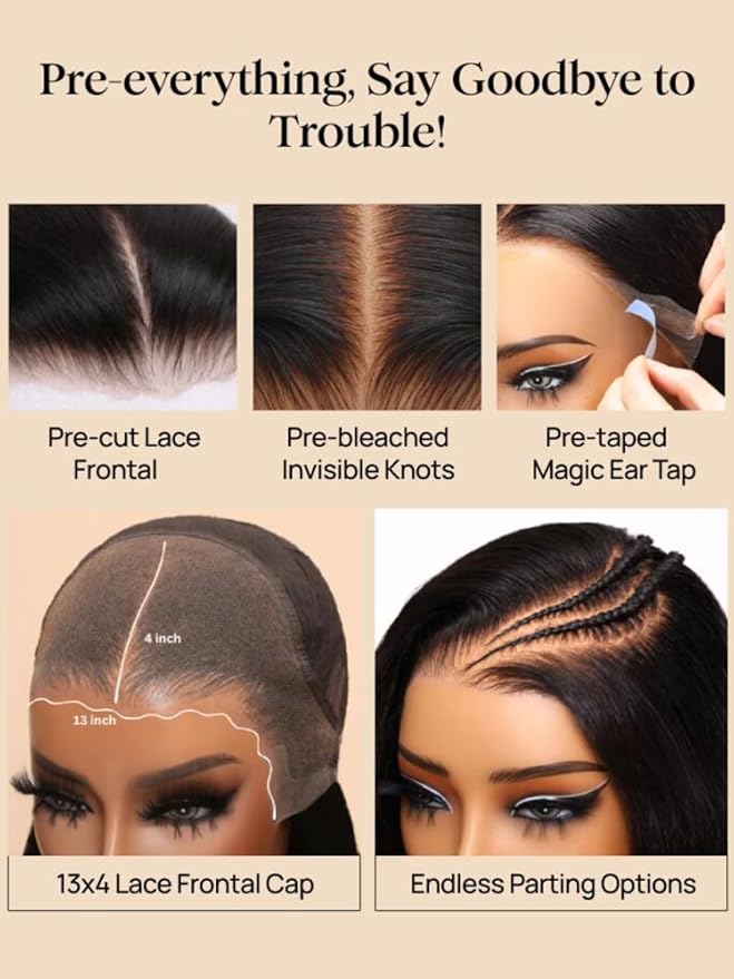 KLAIYI Pre Everything Glueless Layer Side Part Loose Body Wave 13x4 Lace Front Wigs Human Hair Drawstring Curtain Bangs Face framing Pre Bleached Knots Pre Plucked 3S Ready to Put On and Go Wig 24Inch