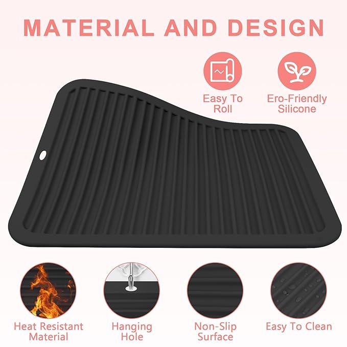 AMIJEAL Oversize Silicone Heat Resistant Mat for Hair Tools, Curling Iron Flat Iron Hair Straightener Holder Mat, Portable Hot Tools Cover Pad for Travel Vanity Salon(14.2" x 11.0")
