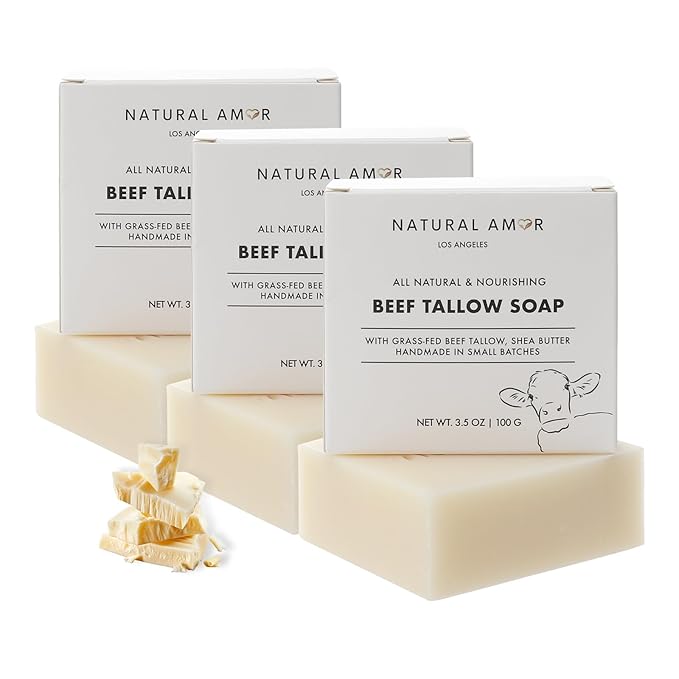 Natural Amor Beef Tallow Soap Bar 3 Pack, Handmade with Organic Grass-Fed Beef Tallow, Shea Butter, Coconut Oil, Natural Soap for Dry or Sensitive Skin Fragrance-Free, 3.5oz Each