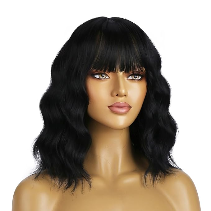 BERON 14 Inches Black Wigs with Bangs for Women Short Curly Wig Black Bob Wig for Girl Natural Looking Wavy Wigs