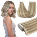 Full Shine Injection Tape in Hair Extensions Human Hair 14 Inch Color 16 Golden Blonde Highlight 22 Medium Blonde 40 Grams Seamless Invisible Brazilian Tape in Hair Extensions for Wedding 20 Pcs