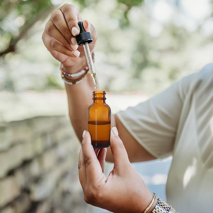 48 Pack 1oz Amber Glass Bottles with Glass Eye Droppers for Essential Oils, Perfumes & Lab Chemicals (Brush, Funnels, 2 Extra Droppers, 54 Pieces Labels & 30ml Measuring Cup Included)
