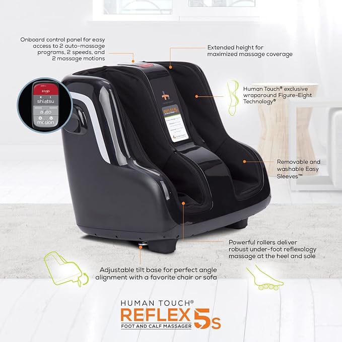 Human Touch Reflex5s Foot & Calf Massager for Stress & Plantar Fasciitis Relief+Relaxation +Kneading & Compression for Circulation Support -1 Year Warranty - Adjustable Fit for Women & Men Size 12