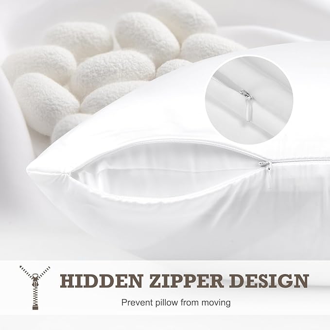 100% Mulberry Silk Pillowcase 2 Pack,Queen Size Silk Pillow Cases for Hair and Skin,Silky Smooth Bed Pillow Cover with Hidden Zipper,Natural Silk Pillow Case Set of 2 (White, Queen 20X30)