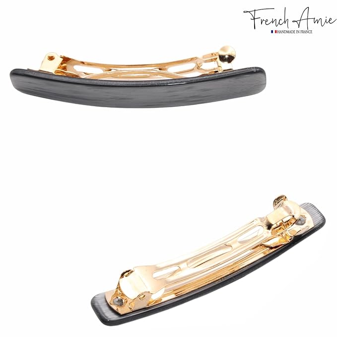 French Amie Small 2 1/4 inch Celluloid Handmade Hair Barrette No Slip Grip Durable Styling Women Hair Accessories Hair Clip for Girls, Made in France(Metallic Grey)