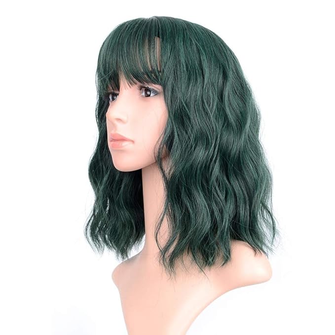 FAELBATY Short Green Wigs With Air Bangs Shoulder Length Bob Wig For Women Curly Wavy Synthetic Cosplay Wig for Girl (12" Dark Green)
