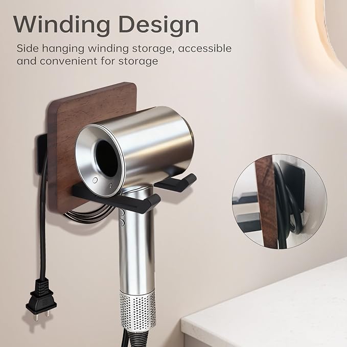 Wall Mounted Hair Dryer Holder, 4.7 * 3.7 Inch Square Shape Walnut Wood Shelf Aluminum Hairdryer Holder,Bathroom Hair Dryer Stand Drill Install (Square Shape Walnut Wood, 1)