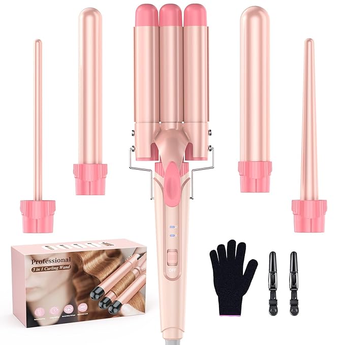 Waver Curling Iron Wand - BESTOPE PRO 5 in 1 Curling Wand Set with 3 Barrel Hair Crimper for Women, Fast Heating Crimper Wand Curler in All Hair Type, Women Gifts - Leather Pink