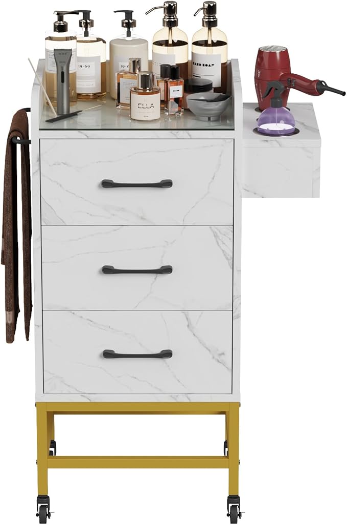 Salon Storage Trolley Cart, Rolling Barber Station w/Toughened Glass Top, Drawers, Hair Dryer Holders, Towel Rack, Locable Wheels for Hair Stylist, Salon Storage Equipment, White Marble