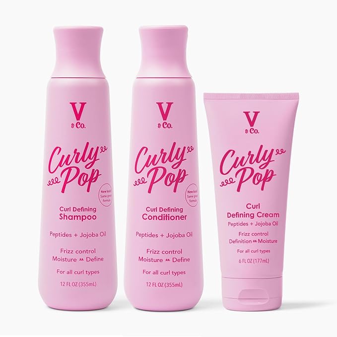Bundle of V&Co. Beauty Curly Pop Curl Defining Shampoo, Conditioner, and Cream Hair Care with Peptides, Amino Acids & Jojoba Oil for Hydration, Frizz Control & Healthy Curls