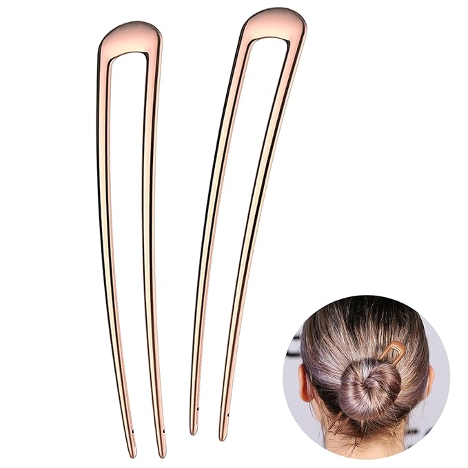 French Hair Pins - Metal Hair Fork Extra Long U Shaped Chignon 2-Prong Sticks for Women Bun Hair Accessories (Rose Gold - 2 Pcs)