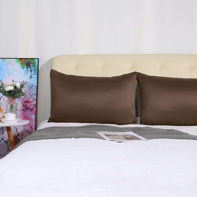 uxcell 2 Pack Silk Satin Pillowcase for Hair and Skin, Cool, Silky, Soft Breathable Pillow Cases King Size 20x36 Inch Sateen Pillowcase Brown with Envelope Closure