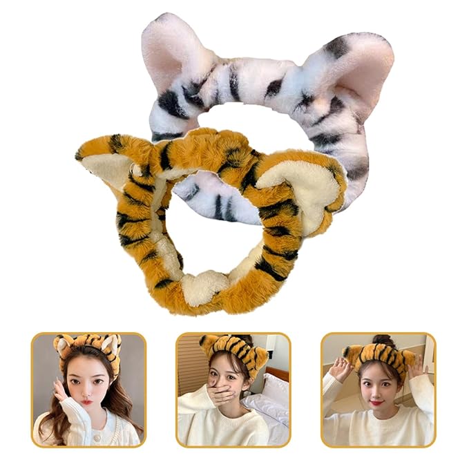 2pcs Tiger Plush Hairbands for Women Wide Elastic Fuzzy Head Wraps with Cute Ears Soft Spa Headbands for Face Washing Makeup Skincare Shower and Mask Application White Yellow
