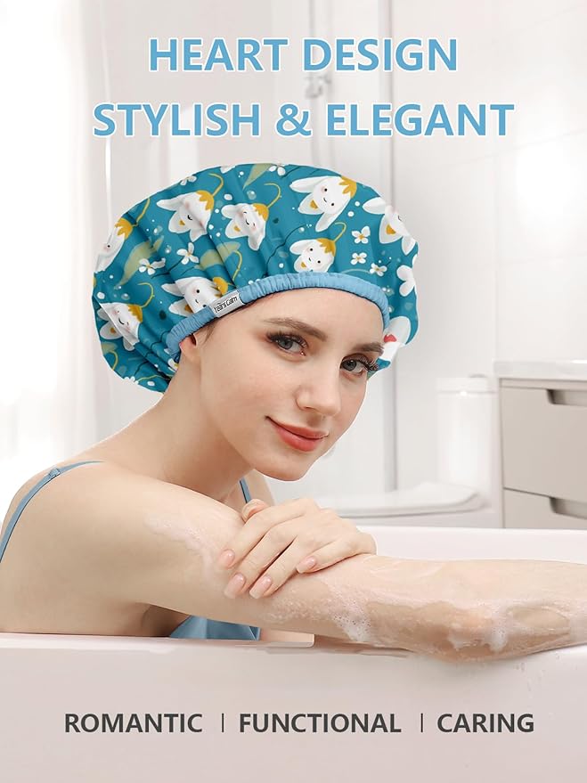 Years Calm Shower Caps For Women Reusable Waterproof，Pattern And Solid Color Dual-Layer Design For Dual-Layer Usable，Protects Hair In Shower, Spa, Cooking, Clean & Travel (Bell Orchid, One Size)