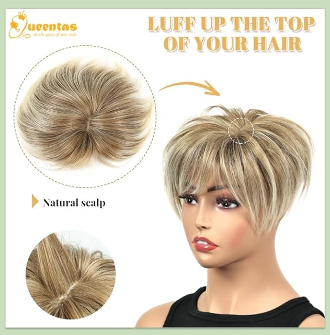 QUEENTAS Blonde Hair Topper for Women with Thinning Hair 6.5"*6"Large Coverage Short Synthetic Pieces with 5 Clips in Wiglets(Ombre Blonde)