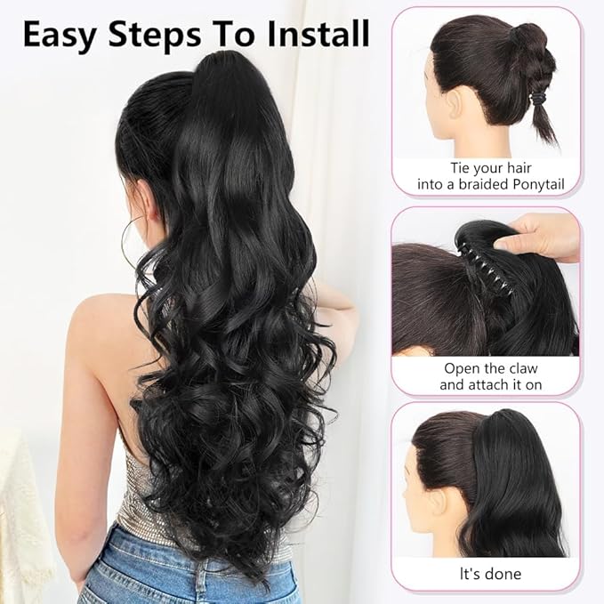 ALXNAN Ponytail Extension,24 Inch Claw Clip in Long Curly Wavy Wine Red Ponytail Hair Extension Jaw Clip on Pony Tails Hairpiece for Women