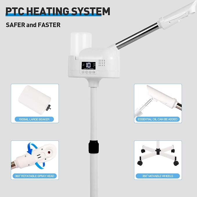 Professional Facial Steamer, Facial Steamer with Hot Mist and Timer Function for Deep Hydration, Height Adjustable Face Steamer on Wheels with Touch Screen and Rotatable Nozzle for Salon Spa Home Use