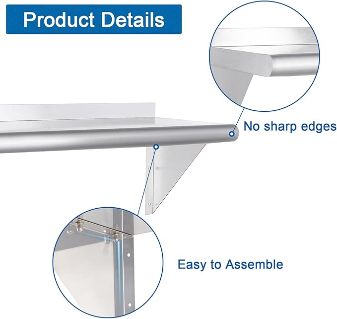 HARDURA Stainless Steel Shelf 12" x 24", 210lb Commercial Shelves Wall Mount Metal Shelving with Backsplash and Brackets for Kitchen, Restaurant, Laundry Room and Home