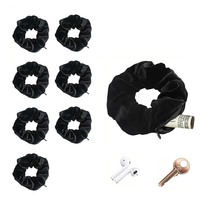 Zipper Scrunchie,Velvet Scrunchie with Zipper Pocket for Women - Hair Tie with Hidden Storage Compartment for Cash, Lipstick, Keys & Valuables | Hidden Compartment Items for Travel (Black, 8)
