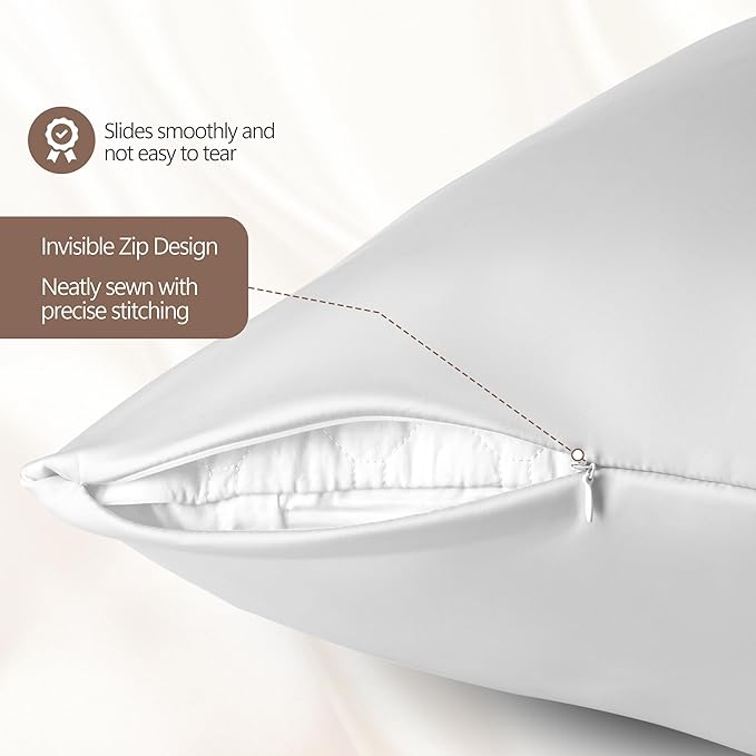 Set of 2 100% Mulberry Silk Pillow Cases - 6A Luxury Silk Pillowcase for Hair and Skin – Anti-Wrinkle, Cooling & Smooth, Hidden Zipper – 2 Pack White Silk Pillow Cases (White, Standard)