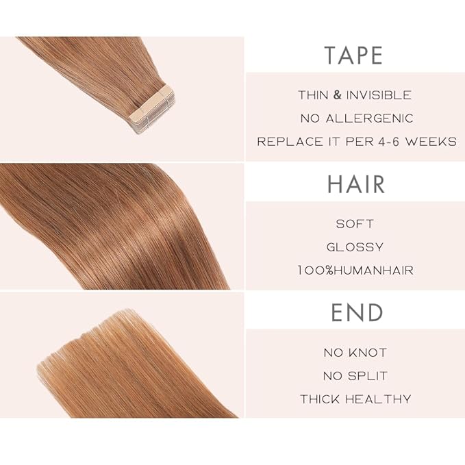 Tape in Hair Extensions Real Human Hair 24 Inch Light Brown Double Sided Tape for Skin Weft Hair Extension Invisible Tape in Hair Extensions Straight Remy Human Hair for Women 20pcs (30#,24 Inch)