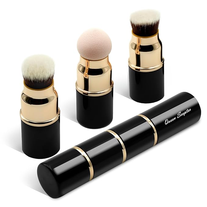 3 in 1 Professional Liquid foundation Makeup Brush Set Kabuki Face Blush Foudation Brush Powder Sponge for Powder/Liquid/Cream Travel Cosmetics Makeup Brushes with Cap