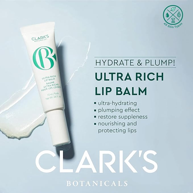 Clark's Botanicals Ultra Rich Lip Balm: Plumping Moisturizer with Collagen and Shea, Mango & Avocado Butter + Vitamin E, Stimulating Organic Lip Treatment | 0.34 fl oz (Pack of 1)