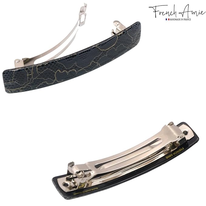 French Amie Oblong Black Net Large 3 1/2" Handmade Celluloid Made in France Automatic Strong Grip Hair Barrette for Women and Girls (Black Net)