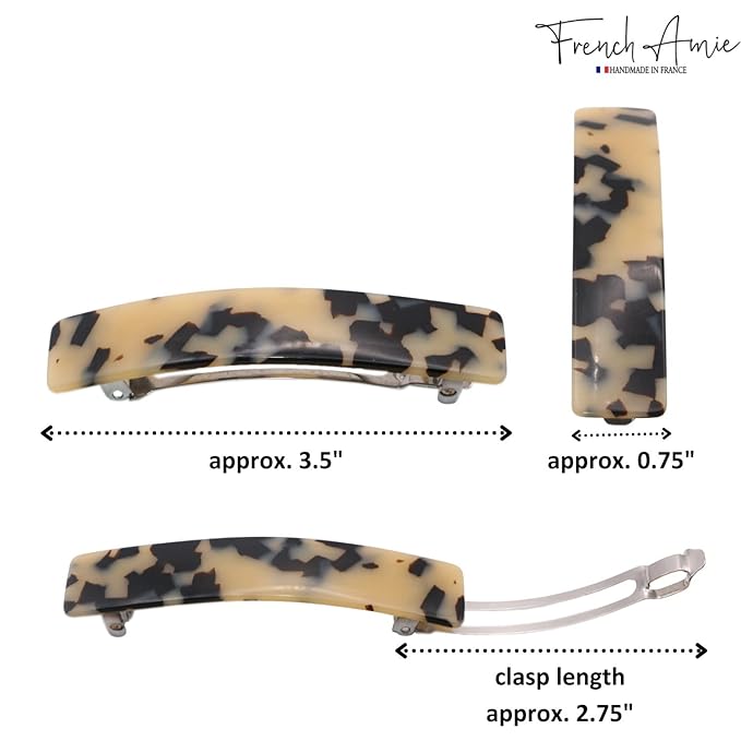 French Amie Oblong Handmade 3.5" Celluloid Automatic Hair Clip Barrette French Hair Clip for Girls Strong Hold Hair Clips for Women No Slip Durable Paris Hair Accessories, Made in France (White Tokyo)
