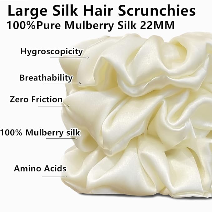 Suncdelv Silk,100% Silk Scrunchies for Hair,22 Momme Hair Ties for Anti-Crease & Breakage,Natural Women Hair Accessories，Fashion Hairbands 3PCS（White)