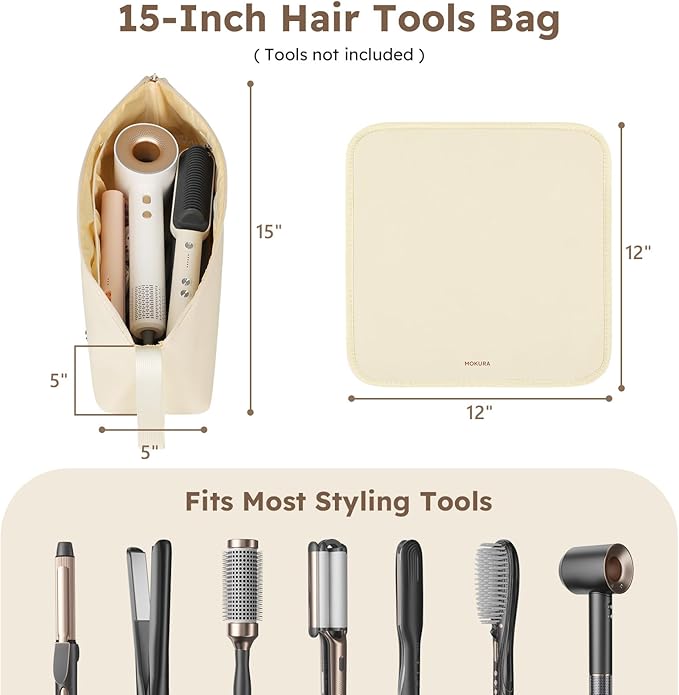 MOKURA Hot Hair Tools Travel Bag with Heat Resistant Mat Removable, Hair Accessories Organizer Case, Women Travel Essentials, Storage Pouch for Curling Iron Straightener Flat Iron Hair Dryer, Ivory