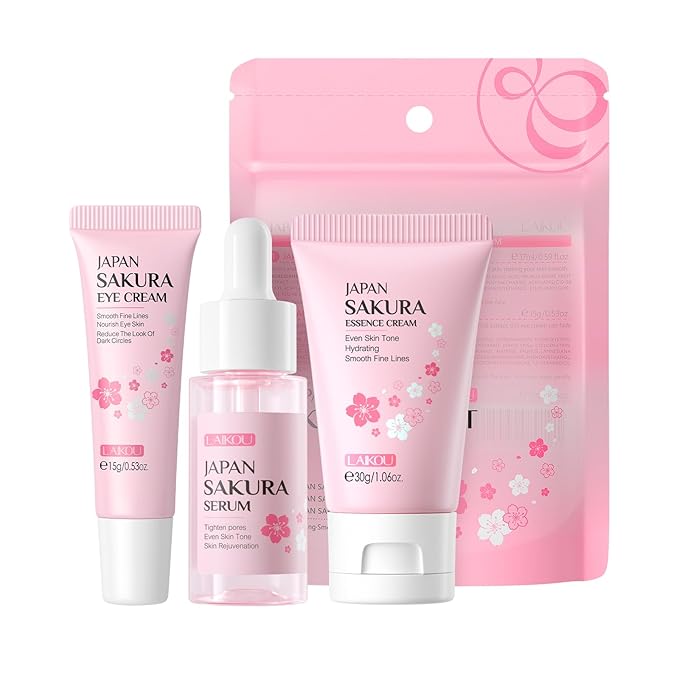 Skin Care Set JAPAN SAKURA Women Beauty Gift Sets Skin Care Kit with Serum, Eye Cream, Face Cream Travel Kit for Women Wife Mom Teen Girls TSA-friendly Sizes Birthday Gift 3pcs