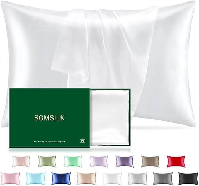 Mulberry Silk Pillowcase for Hair and Skin, SGMSILK 22 Momme Natural Silk Pillow Cases with Zipper, 6A Soft and Smooth Single Sided Pure Silk Pillow Cover (White, Standard 20"x26")