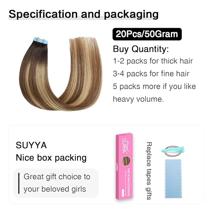 SUYYA Tape in Hair Extensions Human Hair Balayage Darkest Brown to Chestnut Brown and Light Blonde 20 Inch 50g/pack 20pcs Straight Seamless Skin Weft Tape in Real Hair Extensions(20inch #P6/16/T2)