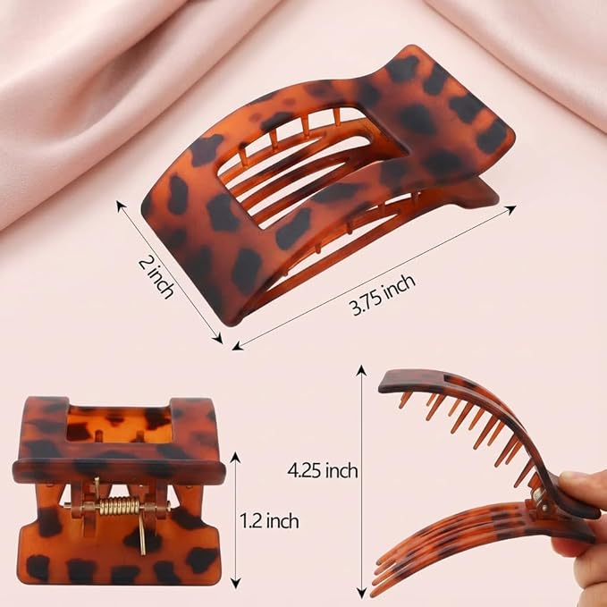 4 PCS Medium Flat Hair Clips Claw for Women, Non-slip Rectangular Lay Down Hair Clip for Thick Thin Hair Comfortable Hair Accessories for Driving, Lying, Exercising, Leopard Tortoise Shell Pattern