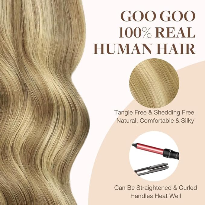 GOO GOO Tape in Hair Extensions Human Hair, 16/22 Light Blonde Highlighted Golden Blonde, 16inch 25g 10pcs, Skin Weft Seamless Invisible, Silky Straight with Thick Ends, Remy Human Hair