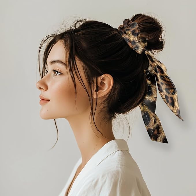 Leopard Print Hair Ties Elastic Ribbon Brown Knotted Bow Scrunchies Lightweight Scraf Scrunchy Stretchy Aesthetic Accessory Pack of 2