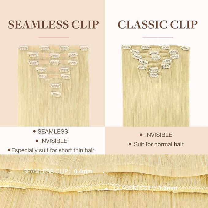 GOO GOO Clip in Hair Extensions Real Human Hair, Remy Human Hair Extensions Clip ins for Women, Natural Human Hair, 16inch 110g 7Pcs, 613R Bleach Blonde