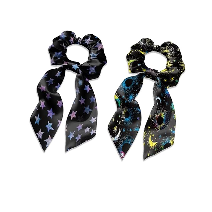 Star Sun Moon Hair Scrunchies with Ribbon Black Bow Hair Ties for Women Girls Fashion Scraf Scrunchy No Damage Pack of 2