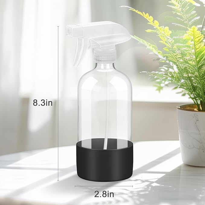 2 Pack Glass Spray Bottles with Silicone Sleeve, 16 oz Empty Refillable Containers with Adjustable Spray Nozzles, Spray Bottles for Hair, Cleaning Solutions and Plants Black