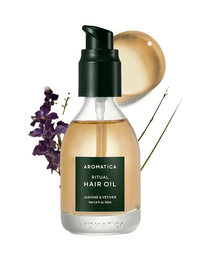 AROMATICA Ritual Jasmine & Vetiver Hair Oil - Adds Shine and Smooths Split Ends - Blow Out Hair Serum for Damaged & Frizzy Hair - Nourishing for Dry Curly Hair - Silicone-Free (1.6 fl oz)