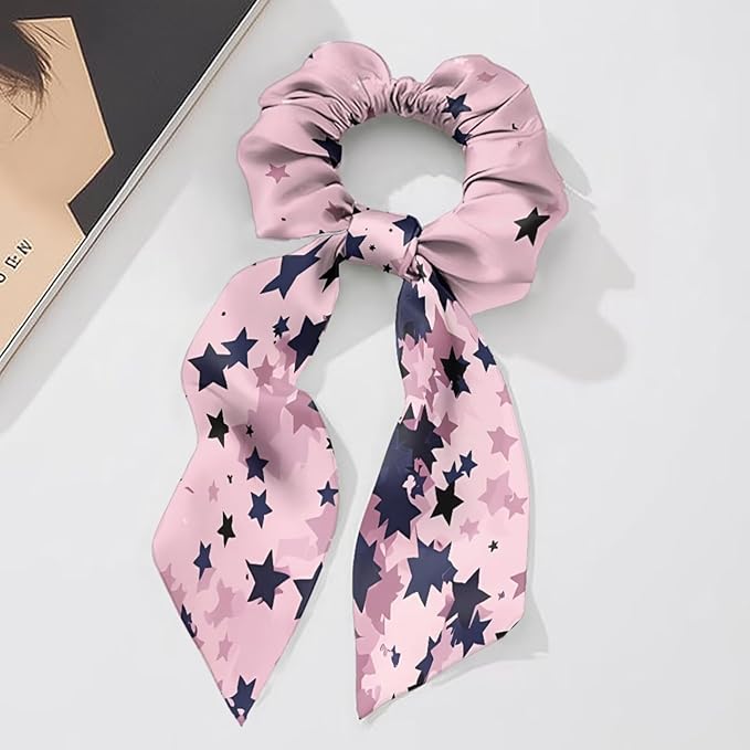 Pack of 2 Star Knotted Bow Hair Scrunchies Elastic Hair Scarf Green Pink Ribbon Scrunchies with Long Tails Stylish Silky Scrunchy Decor