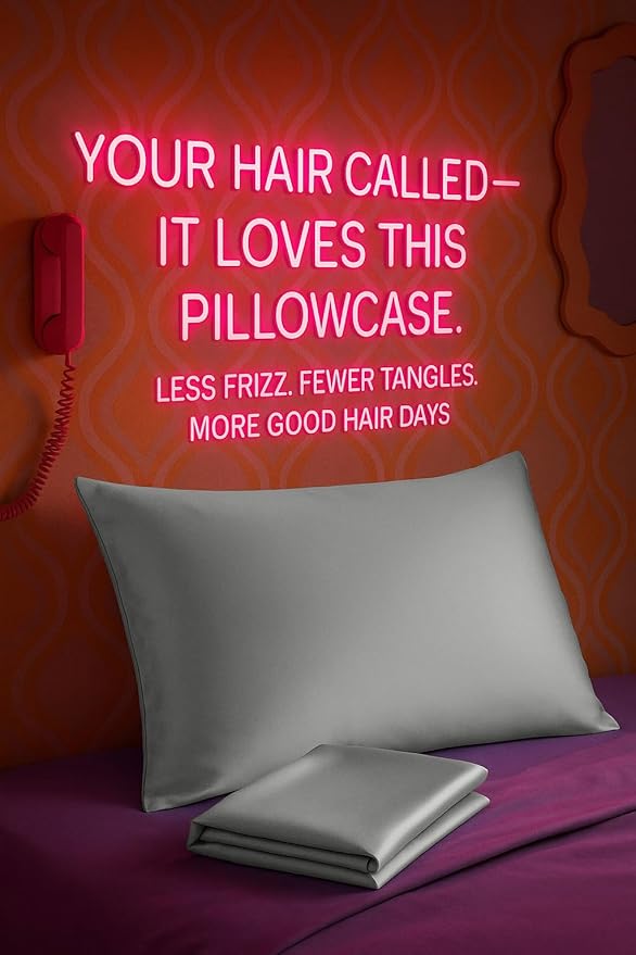 BLISSFORD Satin Pillowcase with Zipper, for Hair and Skin Care, Feels Soft and Cool Like a Silk Pillowcase, Satin Pillow Cases 2 Pack, Slik Pillow Cover, Grey, King Size, Set of 2