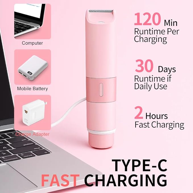 Bikini Trimmer for Women - 2 in 1 Painless Electric Razors for Women, IPX7 Waterproof Rechargeable LED Dual Head Electric Shaver for Lady Bikini Underarm, Body, Leg, Face Hair Remove - Pink