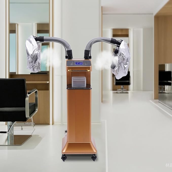 Multifunctional Hair Steamer Cold Mist Ozone Oil Treatment Dyeing Machine with 2 Steam Caps Standing Hooded Hair Care Processor with Wheels 2 Telescopic Tubes Time/Temp Control for Barbershops Salons