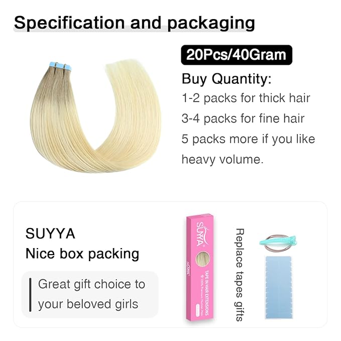 SUYYA Tape in Hair Extensions Human Hair Balayage Ash Blonde to Medium Blonde and Platinum Blonde 12 Inch 40g/pack 20pcs Straight Seamless Skin Weft Tape in Extensions(12inch #P22/60/T18)