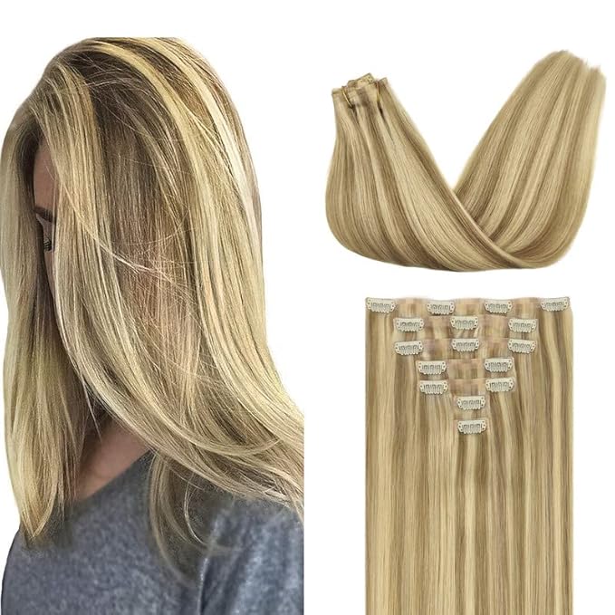 GOO GOO Clip in Hair Extensions Real Human Hair, Remy Human Hair Extensions Clip ins for Women, Natural Human Hair, 18inch 110g 7Pcs, 16/22 Light Blonde Highlighted Golden Blonde