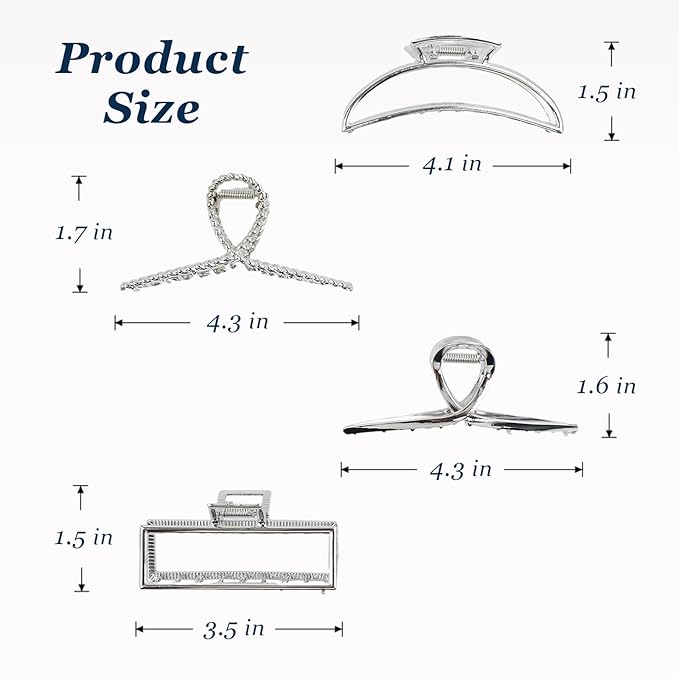 4 Pcs Large Metal Hair Claw Clips for Women, Non-slip Claw Clips with Strong Hold Jaw, Fashion Accessories for Thin Thick Long Curly Hair (Silver1)
